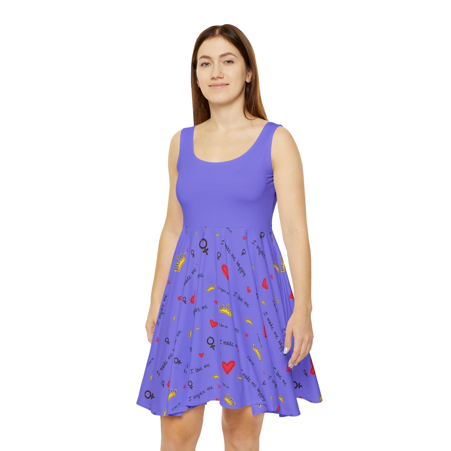 Women's Dress - Cute & Empowering 'I Love Me' Purple Skater Dress
