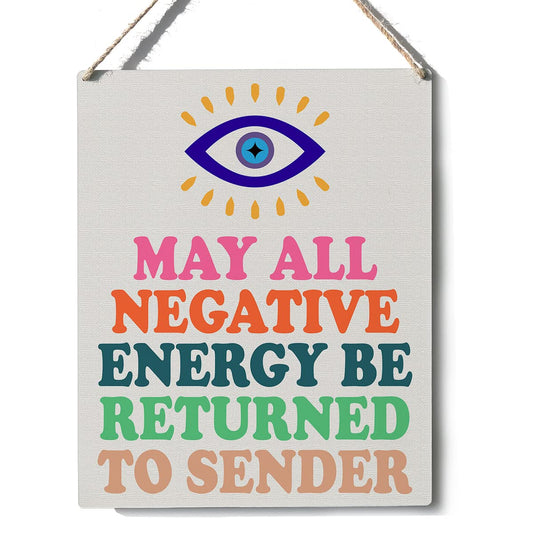 Xiolcxdr Inspirational Evil Eye Sign Decor May All Negative Energy Be Returned to Sender Wooden Sign Plaque Wall Hanging Posters Artwork 8”X10” Rustic Home Decoration…