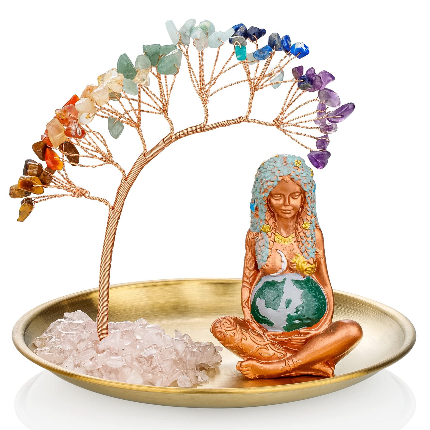 ZenBless Crystals Tree,7 Chakra Healing Crystals Tree Gaia Te Fiti Storage Tray Yoga Meditation Zen Home Decor Set Figurine Ornament Decoration Feng Shui Wealth Luck (Mother Earth Statue_Gold Tray)