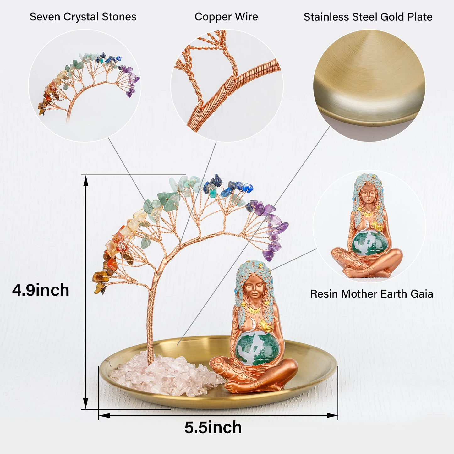 ZenBless Crystals Tree,7 Chakra Healing Crystals Tree Gaia Te Fiti Storage Tray Yoga Meditation Zen Home Decor Set Figurine Ornament Decoration Feng Shui Wealth Luck (Mother Earth Statue_Gold Tray)